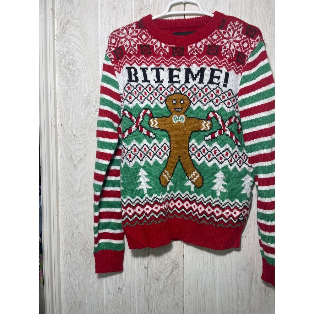 Mens Ugly Christmas Sweater Bite Me Gingerbread Man Red Xmas Colors Size M